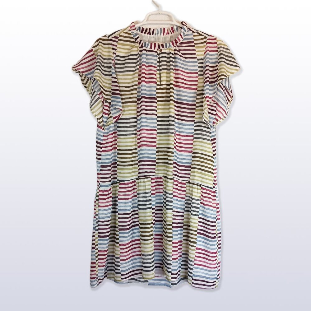 Loft Petites Stripey Dress w Flounce, Ruffle Collar, Flutter Sleeves Size MP